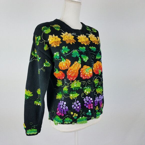 Jane's Closet Fruit Cardigan Beaded Sequins Grapes Pumpkins Cotton Ramie Size M - Picture 4 of 9